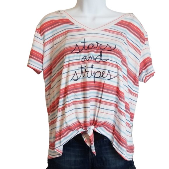 NEW Fifth Sun Americana Flag Embroidered Front Tie Crop Tee T-Shirt - Picture 4 of 7